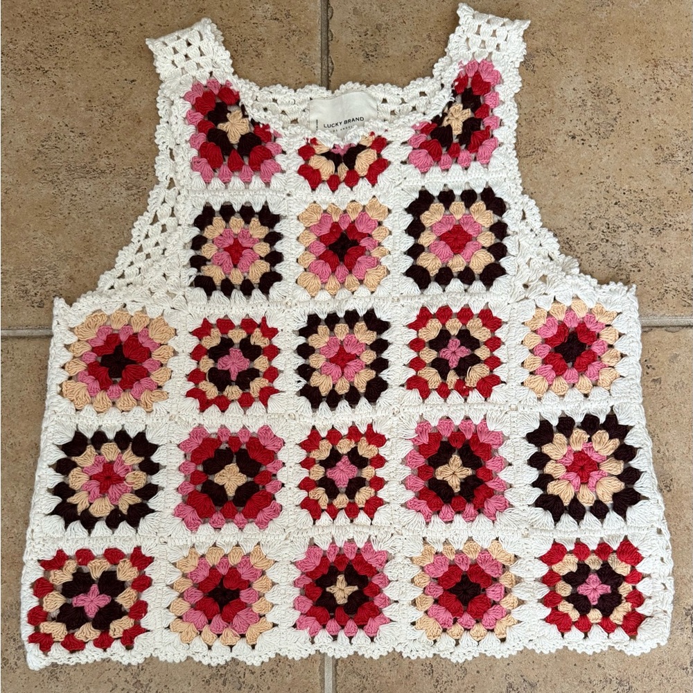 Lucky Brand Women's Cotton Granny Square Crochet Vest
